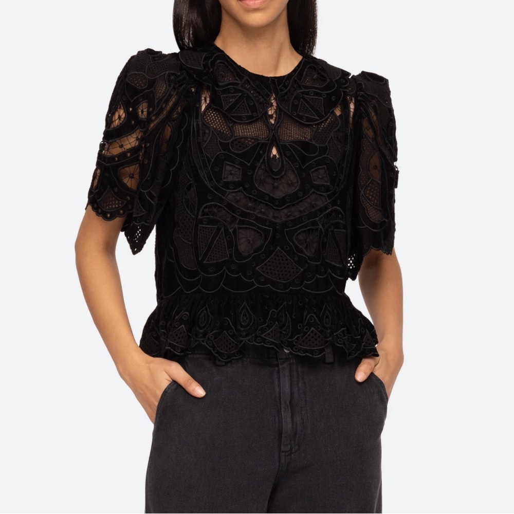 Sea New York Black Embroidered Lace Peplum Top